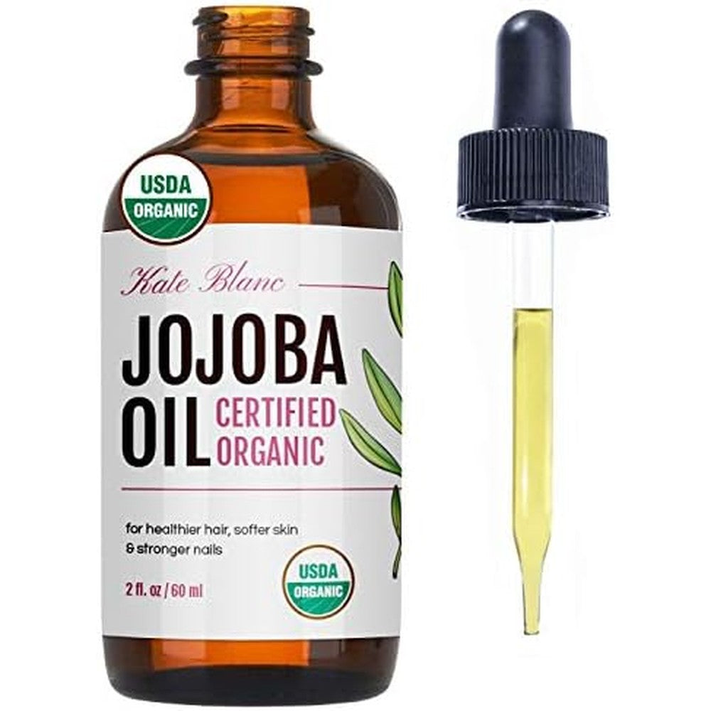 Kate Blanc Cosmetics Organic Jojoba Oil front view bottle with dropper applicator for facial skincare