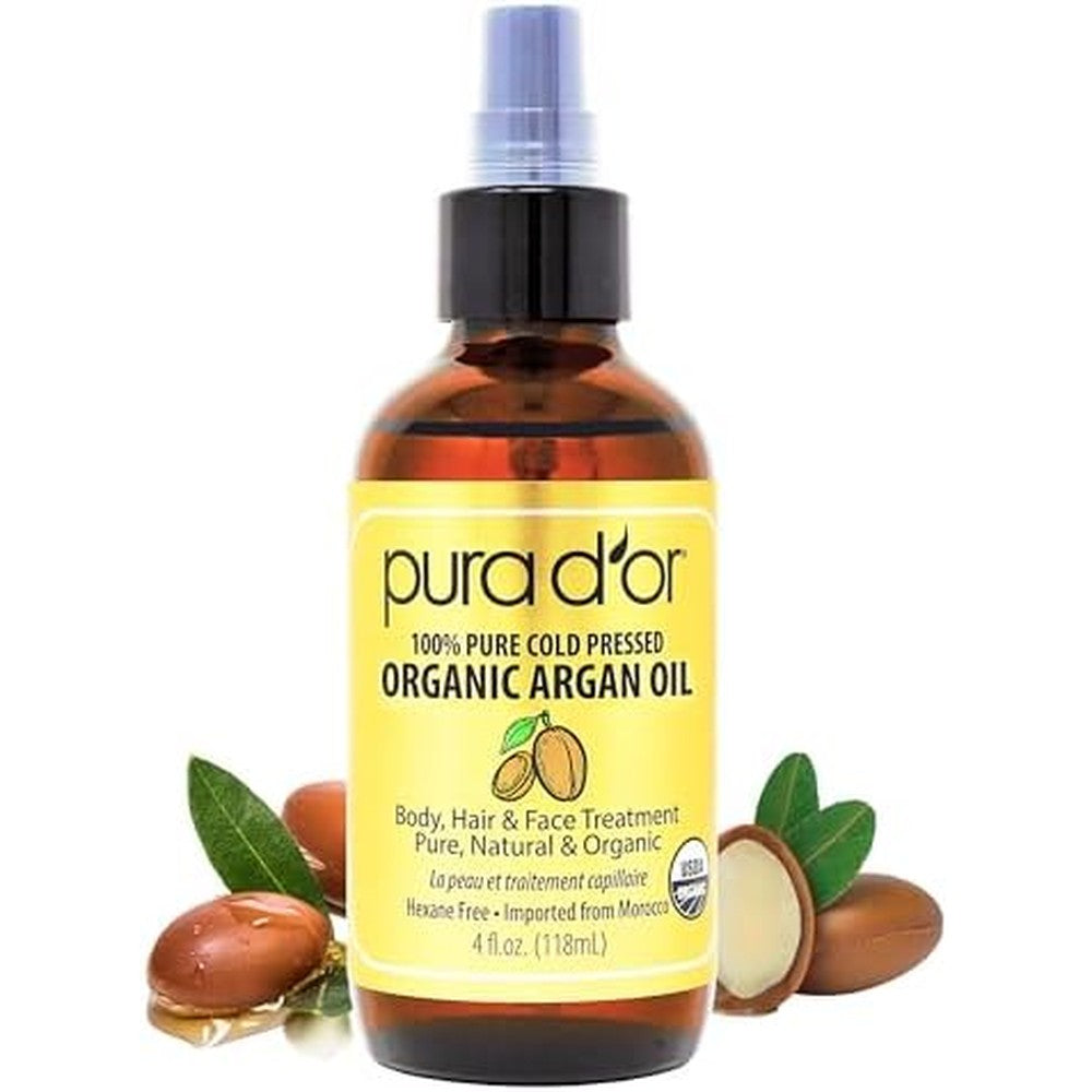 PURA D'OR Organic Moroccan Argan Oil four ounce bottle front view for intense skin and hair hydration