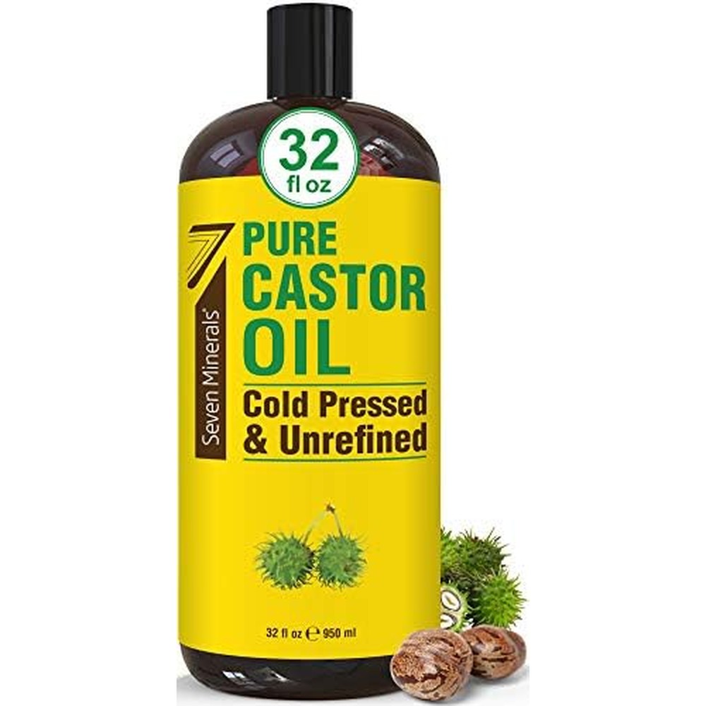 Seven Minerals Pure Cold Pressed Castor Oil front view of the large thirty-two fluid ounce bottle for natural hair growth