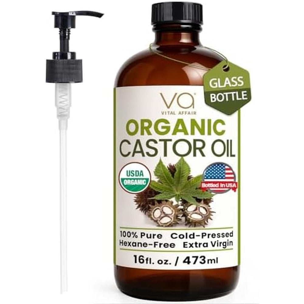 Vital Affair Pure Castor Oil 16 Ounce organic cold pressed glass bottle front view