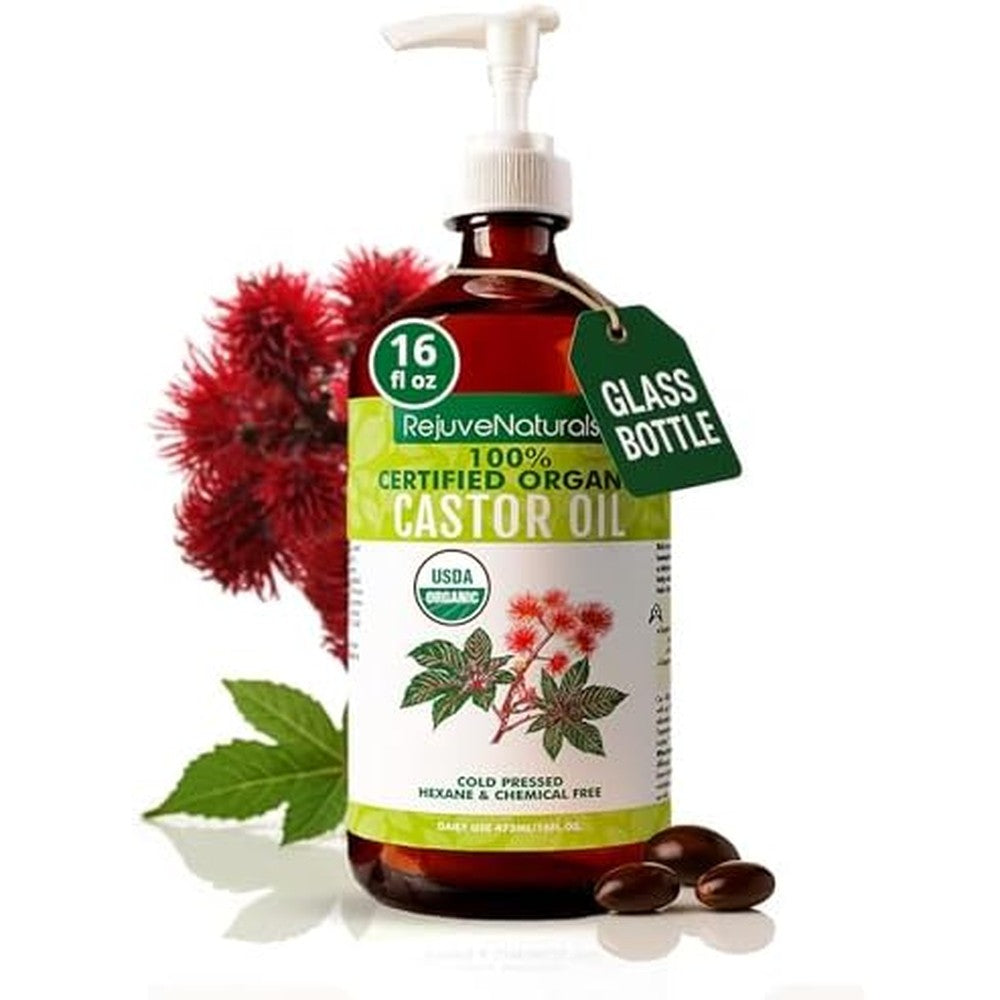 RejuveNaturals Castor Oil 16 Fluid Ounce glass bottle front view showing USDA Organic certification label.