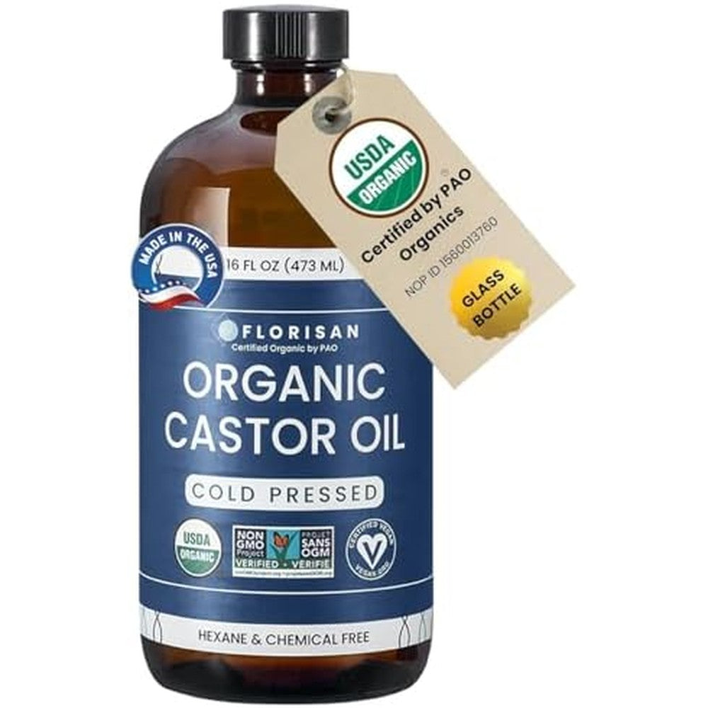 Florisan Organic Castor Oil 16 Ounce Glass Bottle front view showcasing clean beauty packaging.