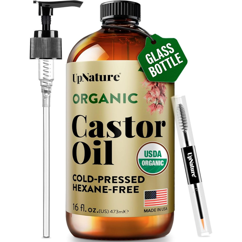 UpNature Organic Castor Oil front view of the 16 ounce amber glass bottle showing the USDA organic certification label.