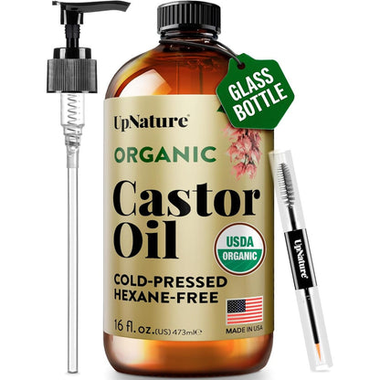 UpNature Organic Castor Oil front view of the 16 ounce amber glass bottle showing the USDA organic certification label.