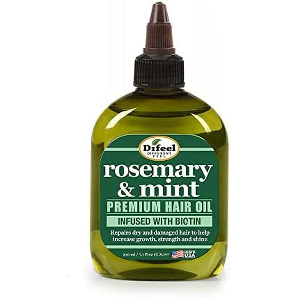 Difeel Rosemary and Mint Premium Hair Oil with Biotin front view of the seven point one ounce bottle for hair growth.