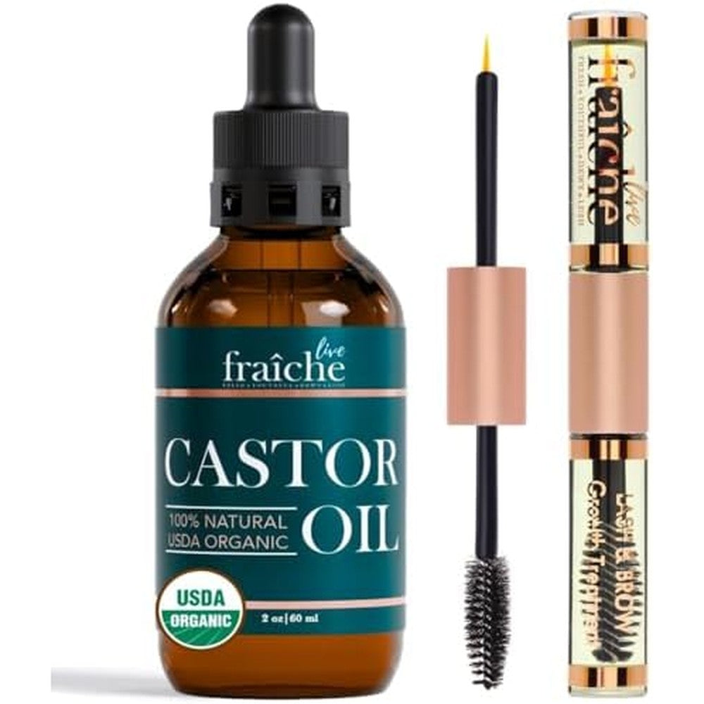 Live Fraiche Organic Castor Oil Hair Growth Serum in a 2oz glass bottle with mascara wand