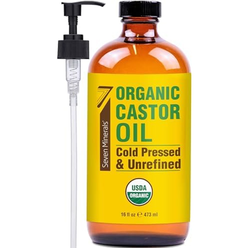 Seven Minerals Organic Castor Oil front view of premium sixteen fluid ounce amber glass bottle.