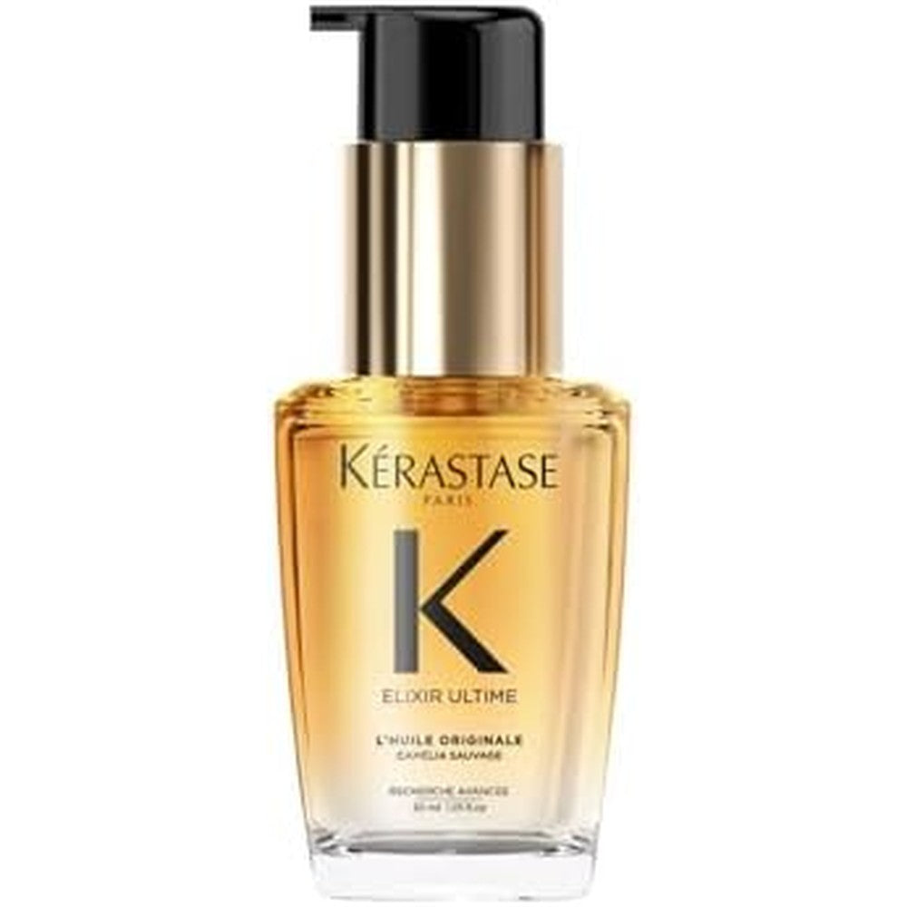 KÃ©rastase Elixir Ultime Refillable Hair Oil front view showcasing the luxury glass bottle and black pump design