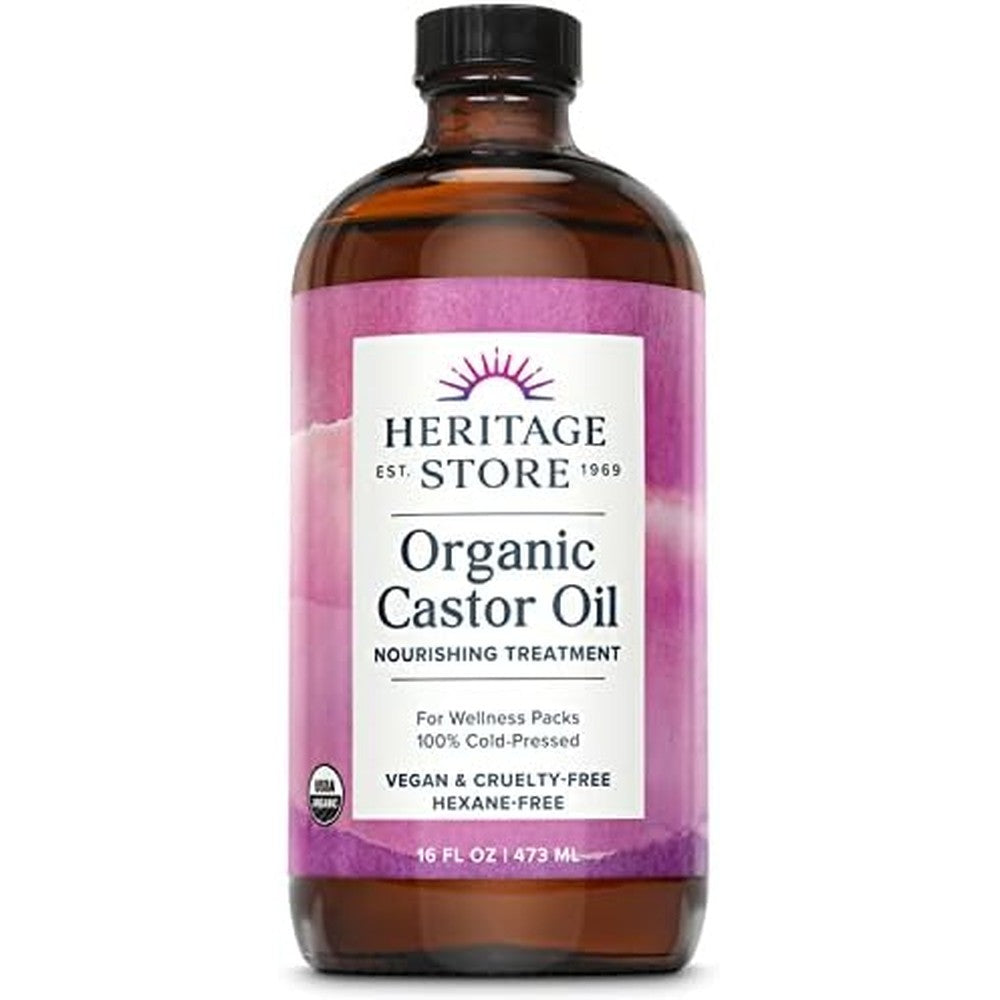 Heritage Store Organic Castor Oil 16 Ounce front view glass bottle for hair and skin hydration