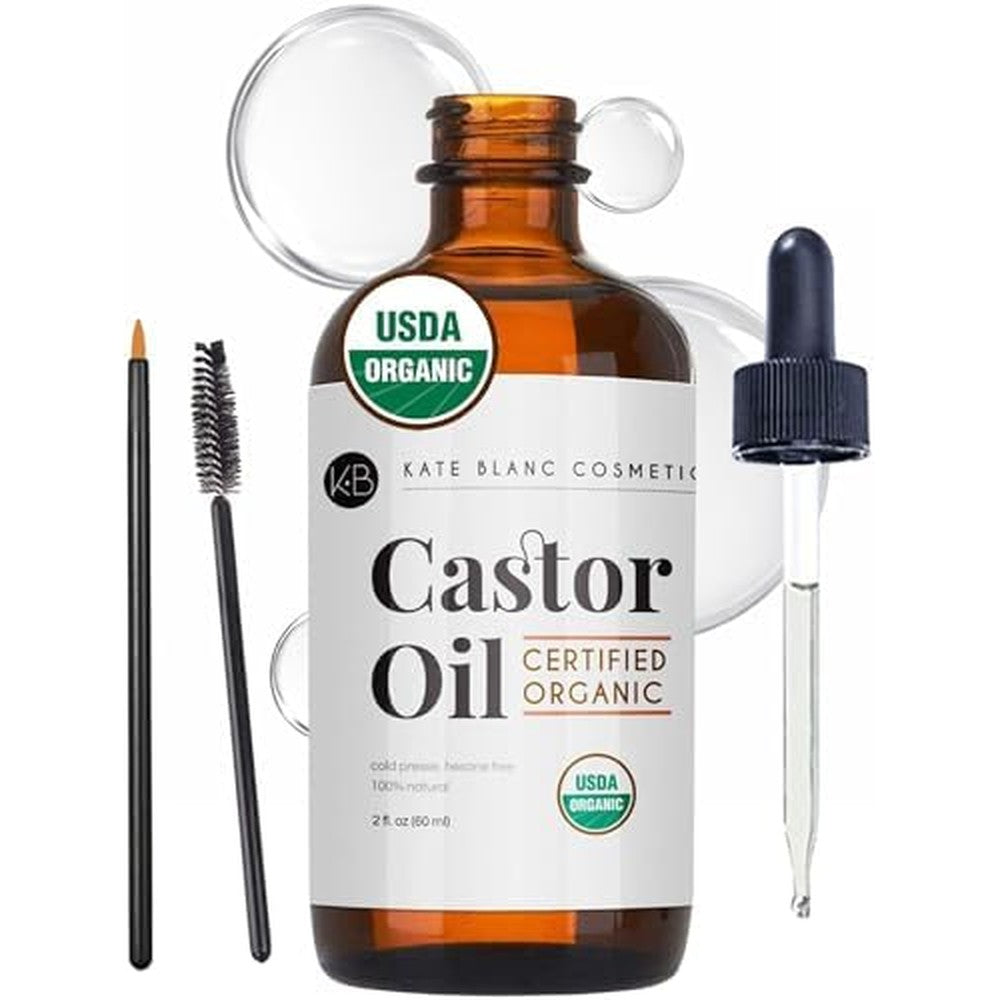 Kate Blanc Cosmetics Organic Castor Oil front view bottle with applicator kit for hair growth
