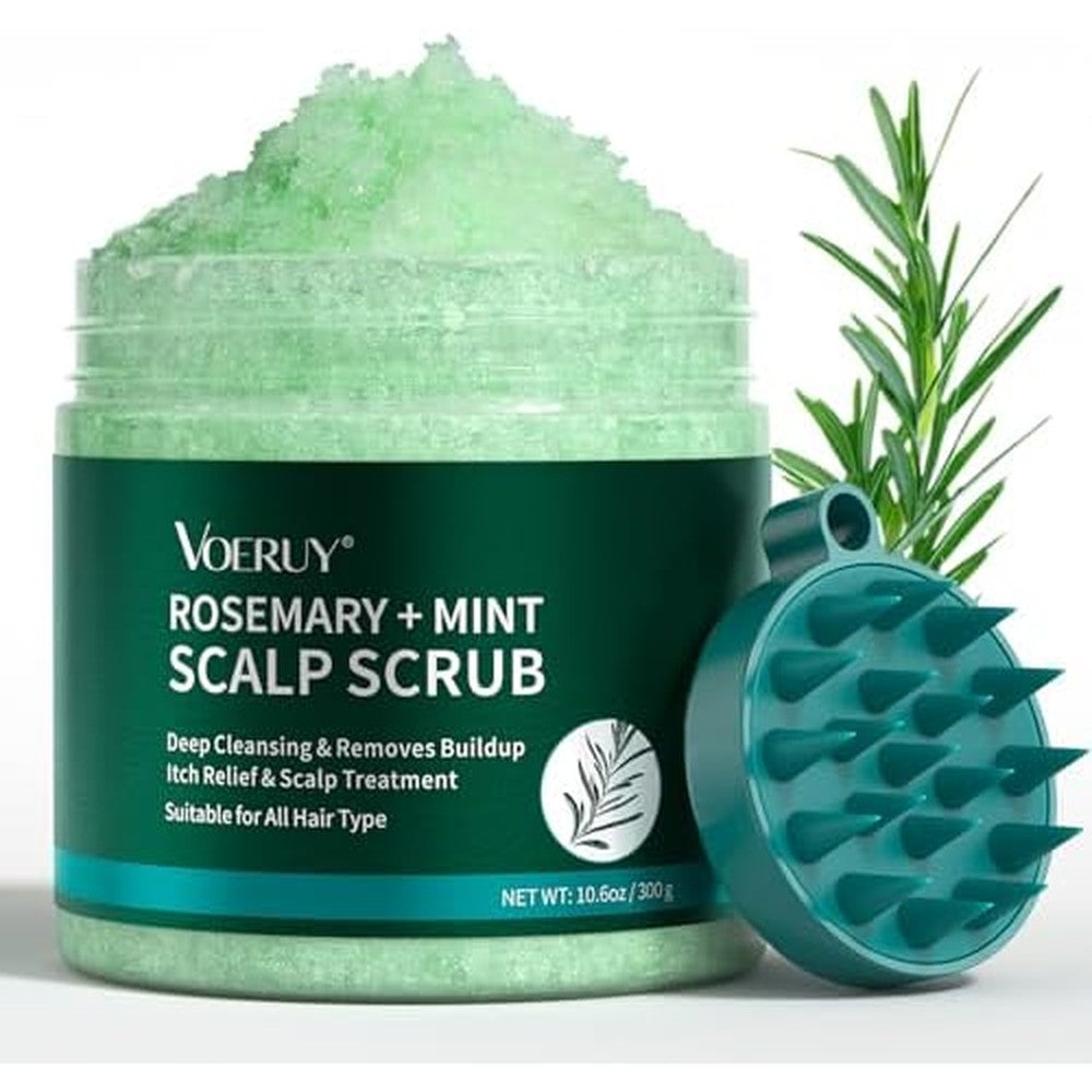 Voeruy rosemary scalp exfoliator scrub shampoo front view in tub packaging with label