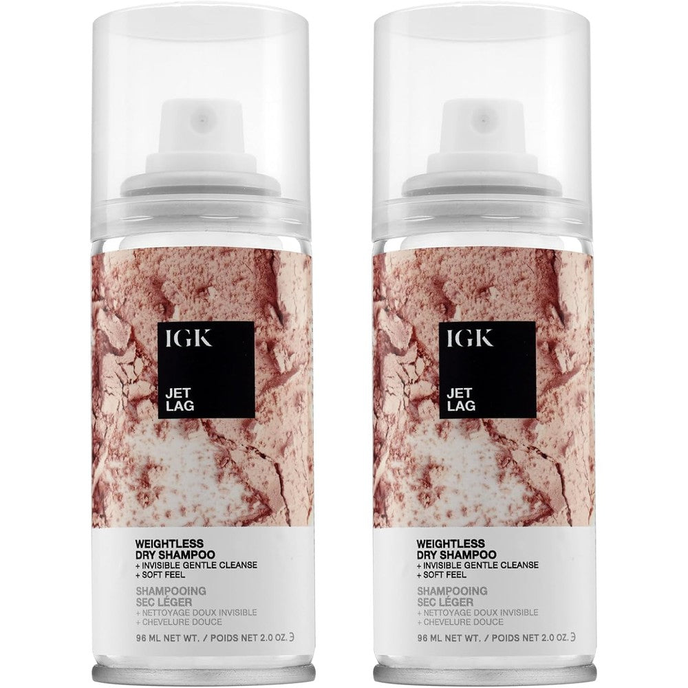 IGK Jet Lag Invisible Dry Shampoo travel size bottles front view showing packaging design