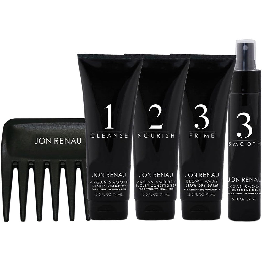Jon Renau Human Hair Wig Care Travel Kit front view featuring five premium travel size products and styling comb