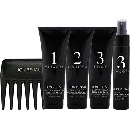Jon Renau Human Hair Wig Care Travel Kit front view featuring five premium travel size products and styling comb