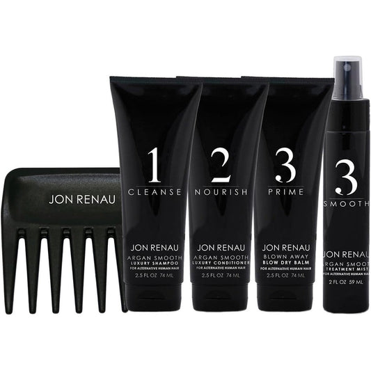 Jon Renau Human Hair Wig Care Travel Kit front view featuring five premium travel size products and styling comb