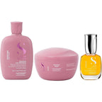 Alfaparf Milano Moisture Nutritive trio set front view featuring shampoo bottle, hair mask jar, and serum bottle