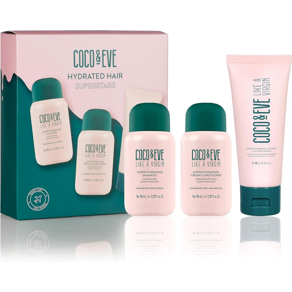 Coco and Eve Hydrated Hair Superstars set front view packaging showing shampoo, conditioner, and hair masque