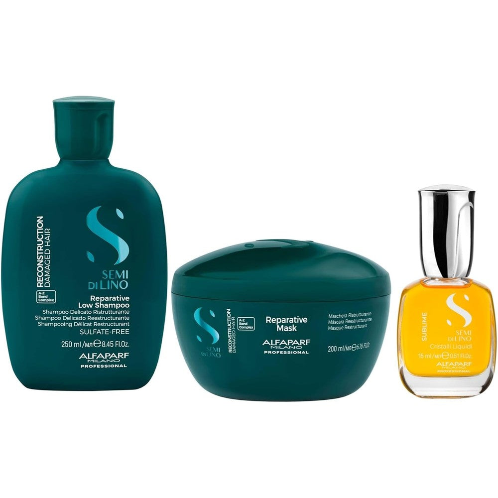 Alfaparf Milano Semi Di Lino Reconstruction Gift Set front view featuring three professional hair care bottles and packaging.