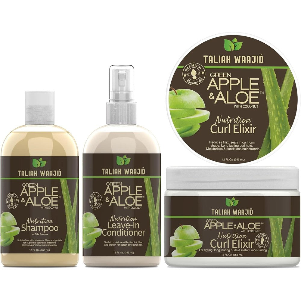 Taliah Waajid Green Apple and Aloe Curly Curls regimen bottles front view for natural hair care