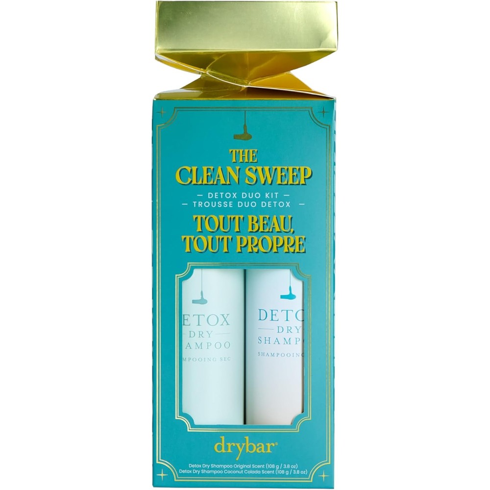 Drybar Clean Sweep Detox Duo Kit front view showing two 3.8 ounce cans in teal packaging.