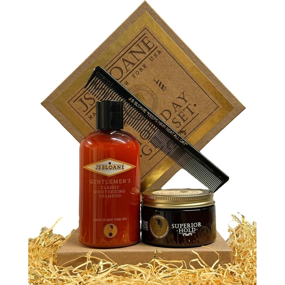 JS Sloane Holiday Gift Set for Men front view showing shampoo bottle pomade and comb
