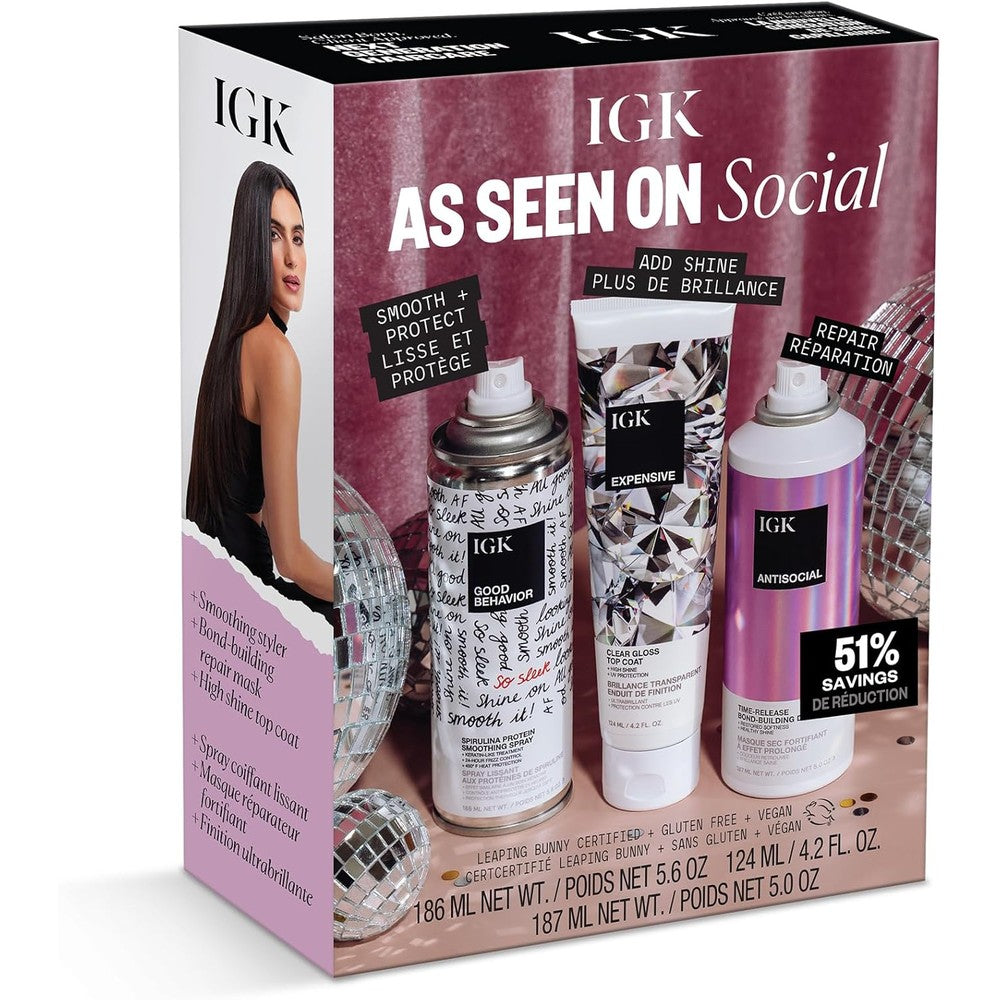 IGK As Seen on Social Kit front view showing the complete premium hair smoothing treatment set