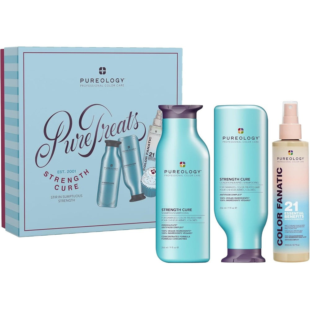 Pureology Strength Cure Holiday Kit front view showing teal and blue packaging and hair care bottles