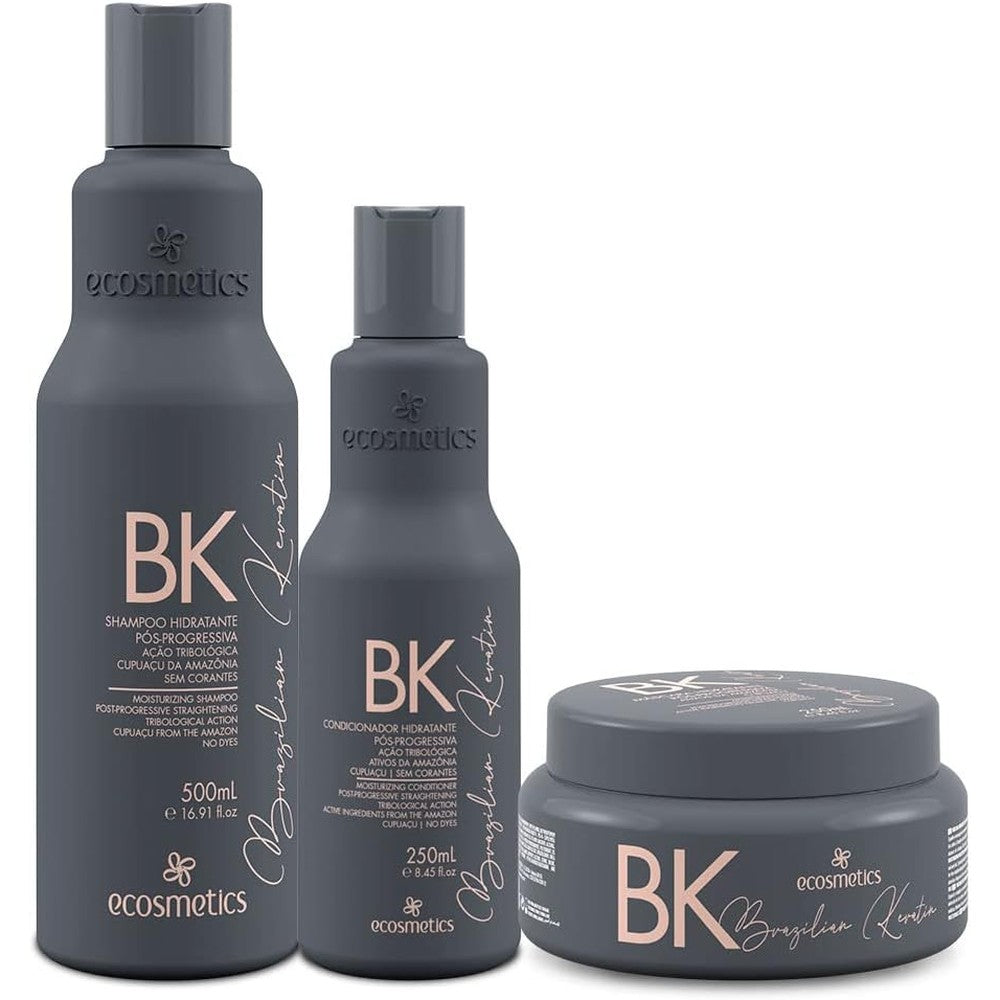 Ecosmetics Brazilian Keratin Maintenance Kit front view showing the 3-step hair care bottles