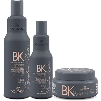Ecosmetics Brazilian Keratin Maintenance Kit 3 Steps front view showcasing the professional bottles for post-straightening hair care.