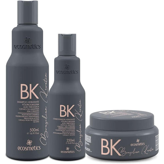 Ecosmetics Brazilian Keratin Maintenance Kit 3 Steps front view showcasing the professional bottles for post-straightening hair care.
