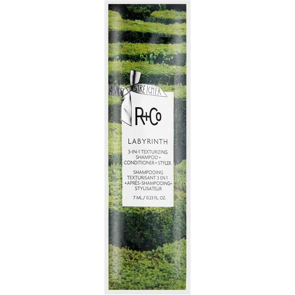 R+Co Labyrinth 3-In-1 Texturizing Shampoo Conditioner And Styler front view sample packette