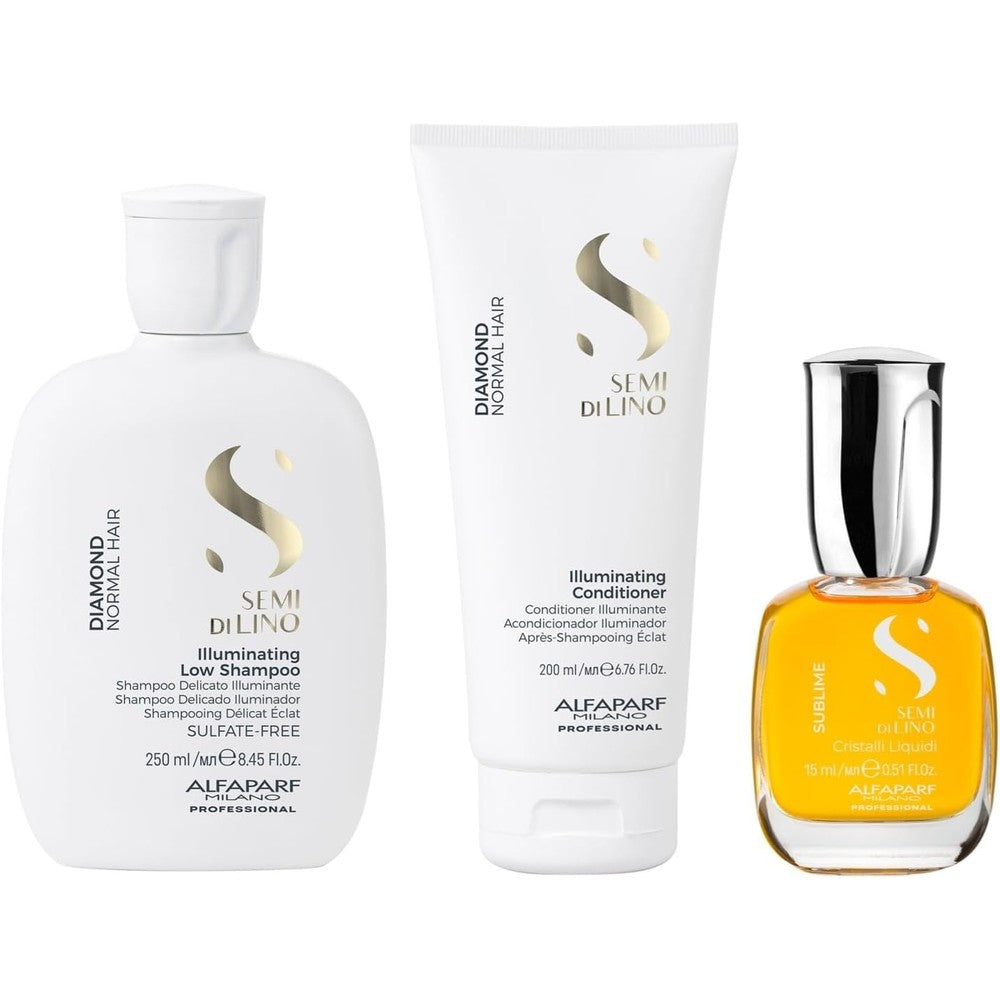 Alfaparf Milano Semi Di Lino Diamond Illuminating Gift Set front view with shampoo, conditioner, and oil