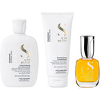 Alfaparf Milano Semi Di Lino Diamond Illuminating Gift Set front view with shampoo, conditioner, and oil