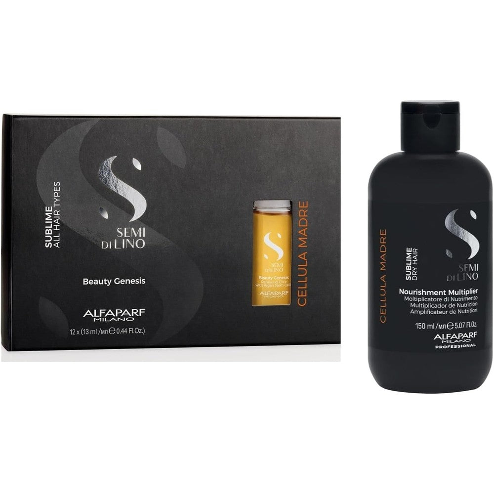 Alfaparf Milano Semi di Lino Cellula Madre Beauty Genesis and Nourishing Multiplier Set front view showing professional hair treatment packaging.