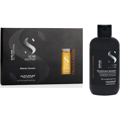 Alfaparf Milano Semi di Lino Cellula Madre Beauty Genesis and Nourishing Multiplier Set front view showing professional hair treatment packaging.