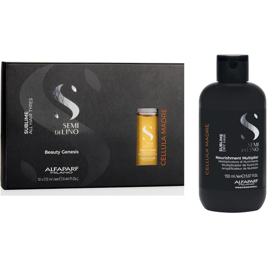 Alfaparf Milano Semi di Lino Cellula Madre Beauty Genesis and Nourishing Multiplier Set front view showing professional hair treatment packaging.