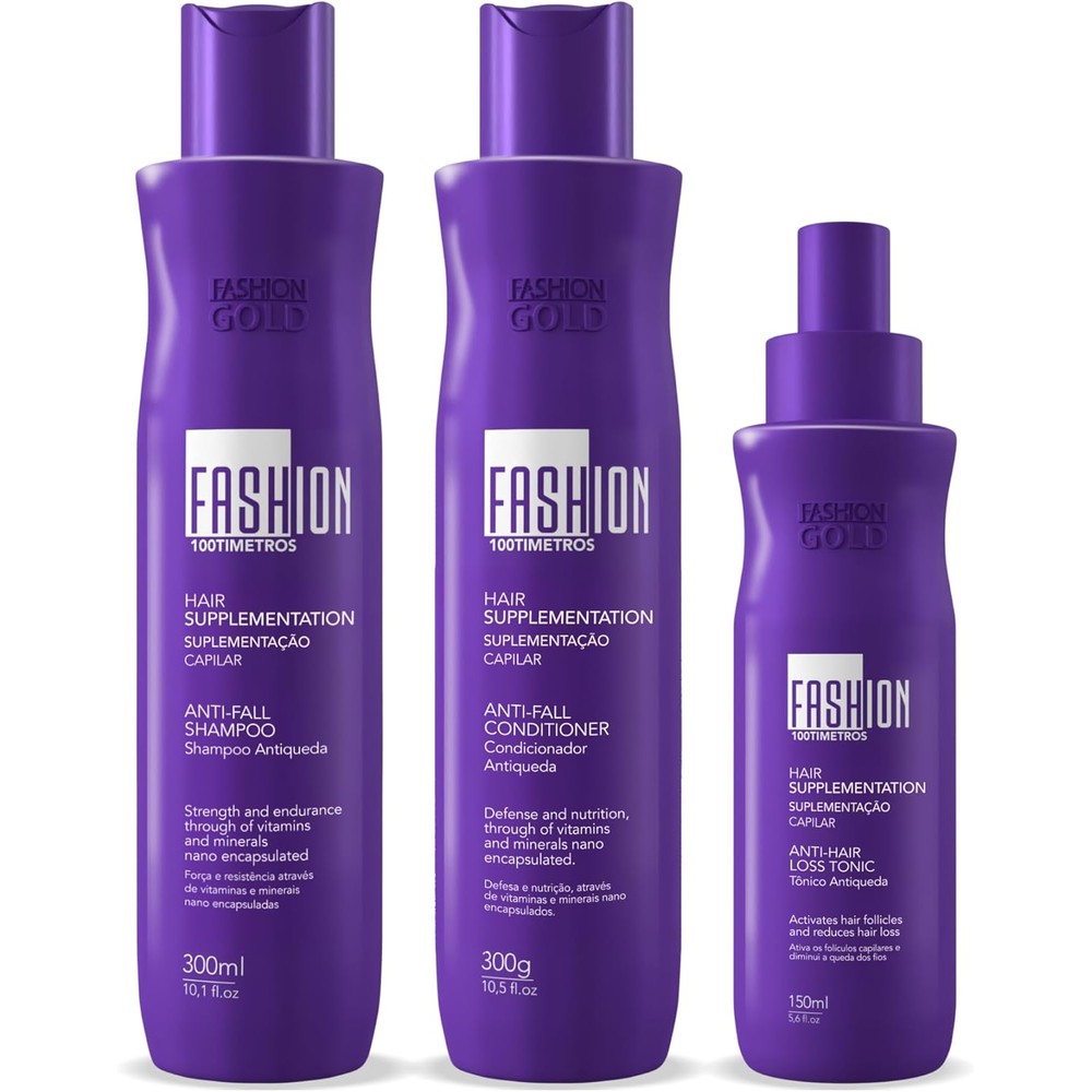 Fashion Gold 100Timetros Anti Thinning Kit front view showing the complete three piece anti hair fall system