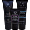 Controlled Chaos hair care set front view showing three matte black bottles