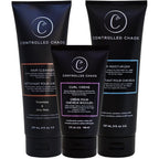 Controlled Chaos hair care set front view showing three matte black bottles