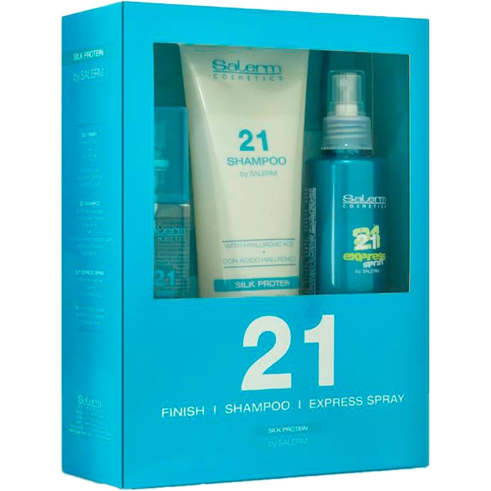 Salerm 21 silk protein trio gift set front view with product bottles