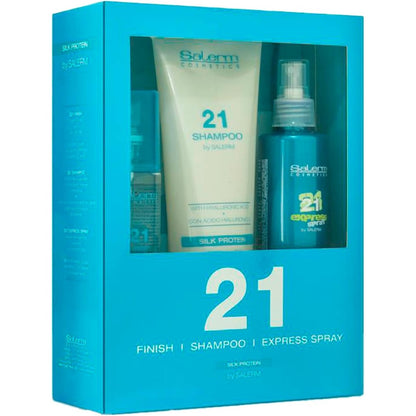 Salerm 21 Silk Protein Trio Gift Set front view showing three premium hair care products