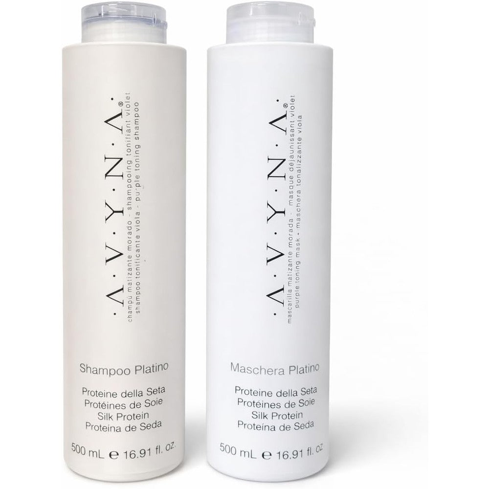 Avyna Platino purple shampoo and conditioner set front view