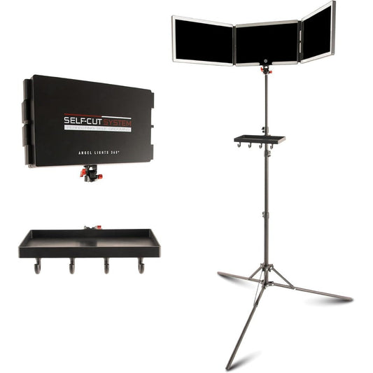 Self-Cut System Angel Lights Tripod 3-Way Mirror front view showing illuminated LED panels