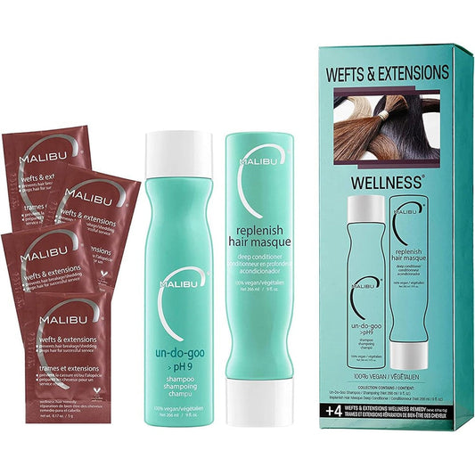 Malibu C Wefts and Extensions Wellness Hair Collection front view of full product kit