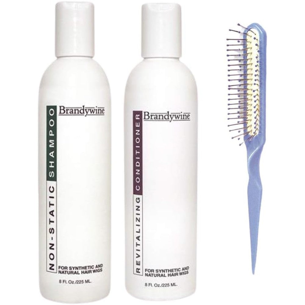 Brandywine Synthetic and Human Hair Care Duo front view featuring shampoo and conditioner bottles for wig maintenance.
