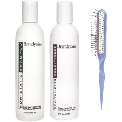 Brandywine Synthetic and Human Hair Care Duo front view featuring shampoo and conditioner bottles for wig maintenance.