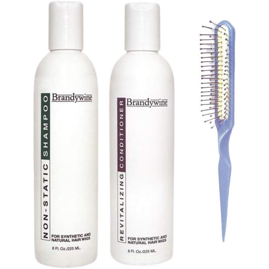 Brandywine Synthetic and Human Hair Care Duo front view featuring shampoo and conditioner bottles for wig maintenance.