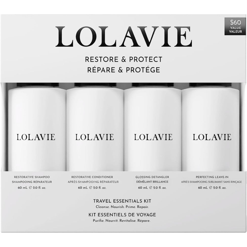 LolaVie Restore and Protect Travel Kit front view featuring four bottles.
