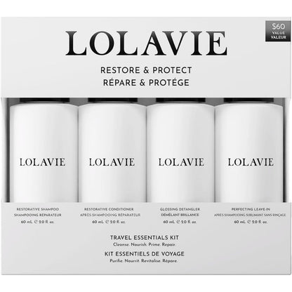 LolaVie Restore and Protect Travel Kit front view featuring four bottles.