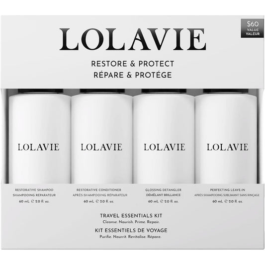 LolaVie Restore and Protect Travel Kit front view featuring four bottles.